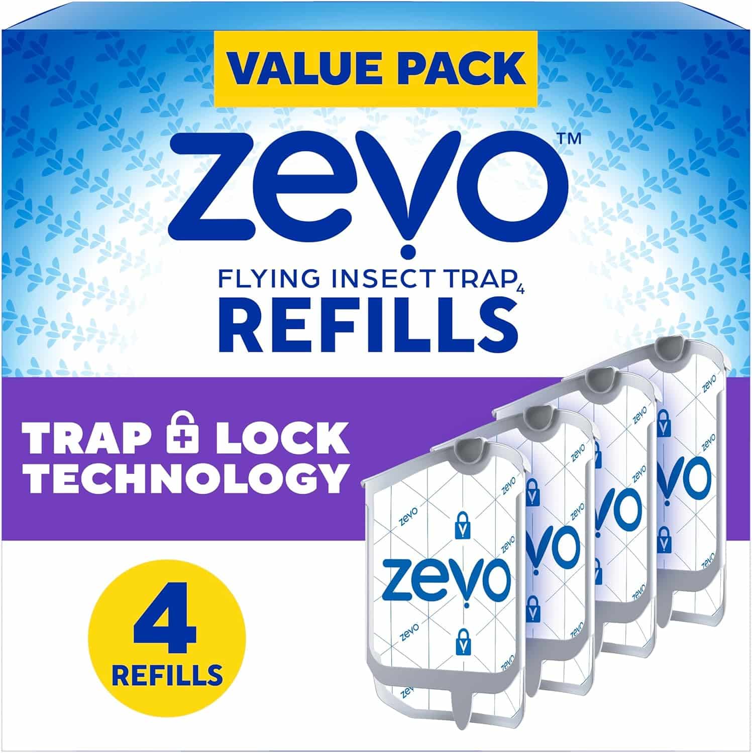 Zevo Flying Insect Trap Refill - for The Zevo MAX & Standard Indoor Fly Trap - Catch Gnats, House & Fruit Flies - Easy to Use - Mess-Free Disposal (4 Refill Cartridges)